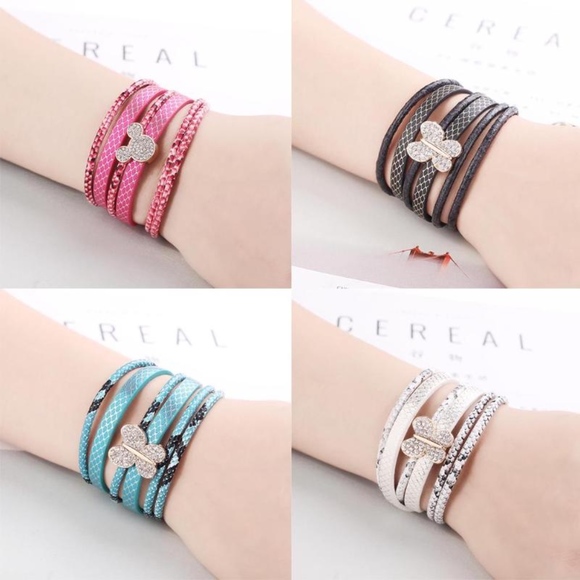 Black Python Leather Wrap Butterfly Charm Bracelet - Picture 3 of 8